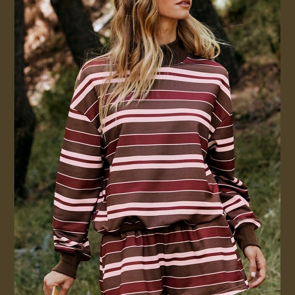Brown Striped Knit High Mock Neck Oversized Sweatshirt